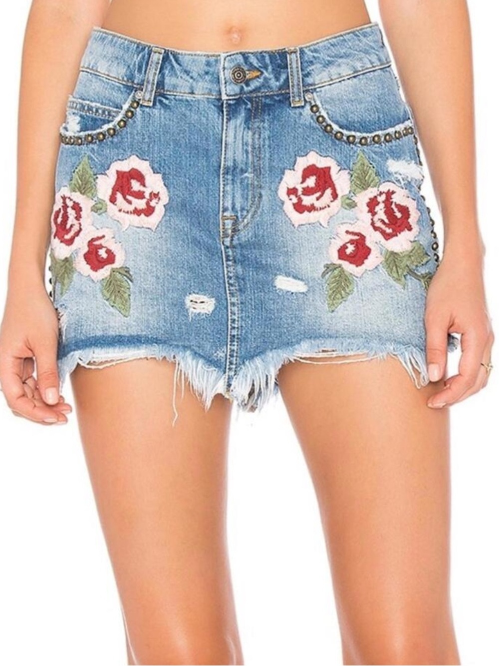 Free People Wild Rose Ember Distressed Denim Jean Mini Skirt